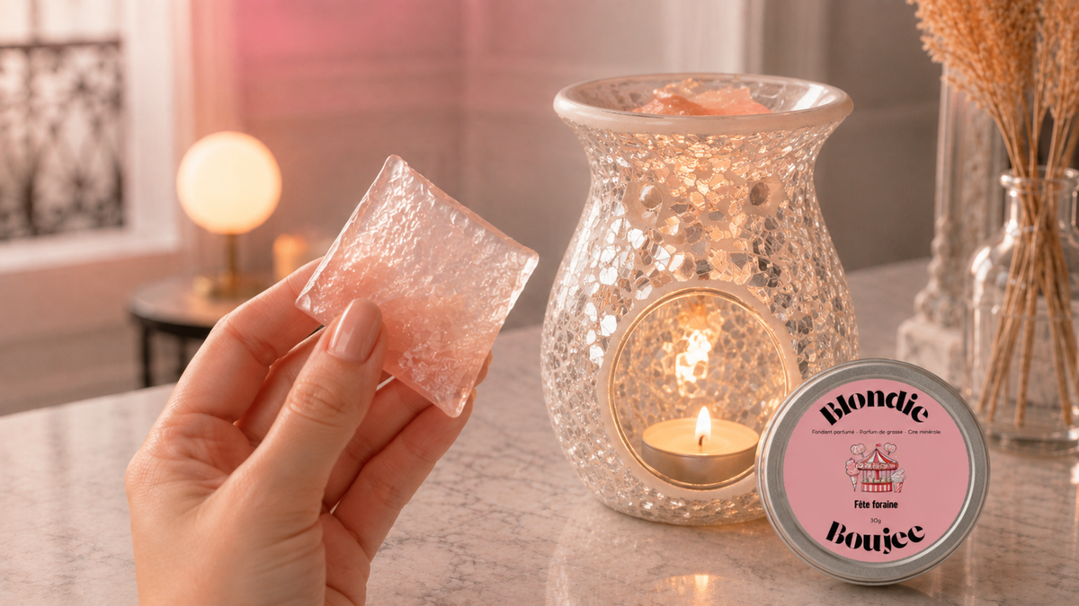 Un fondant parfumé en gel en premier plan tenu dans une main manucurée avec en arrière plan un brûle-parfum avec une bougie chauffe plat allumée et un fondant parfumé en gel Blondie Boujee parfum Fête Foraine qui fond