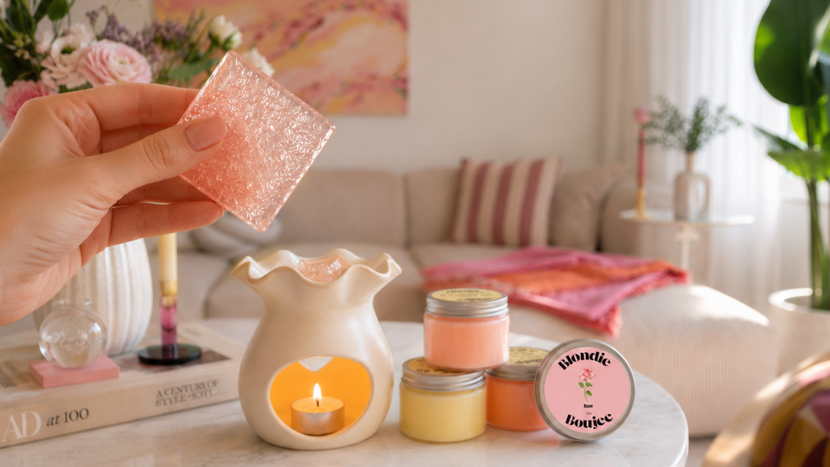 Une main tenant un fondant parfumé en gel Blondie Boujee au premier plan avec en arrière plan un brûle-parfum avec dans sa coupelle un fondant en gel qui fond et des pots de fondants parfumés en gel Blondie Boujee à côté