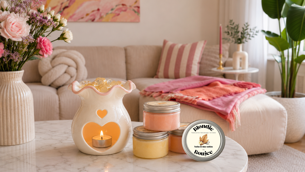 Un brûle parfum avec une bougie chauffe plat allumée avec dans la coupelle un fondant en gel Blondie Boujee qui fond et 4 fondants parfumés gel dans leur boîte sur le côté dont Feuilles de tabac vanillées. Le tout posé sur une table basse en marbre blanc