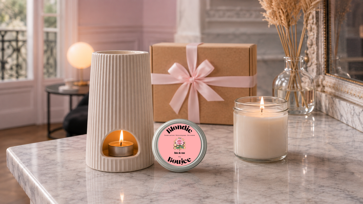 Un brûle parfum avec une bougie chauffe plat allumée et un fondant parfumé en gel Blondie Boujee avec à côté une bougie en cire traditionnelle posés sur une cheminée en marbre blanc et un coffret cadeau avec un ruban rose en arrière plan